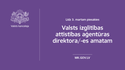 Sludinājuma teksts uz violeta fona ar baltiem burtiem