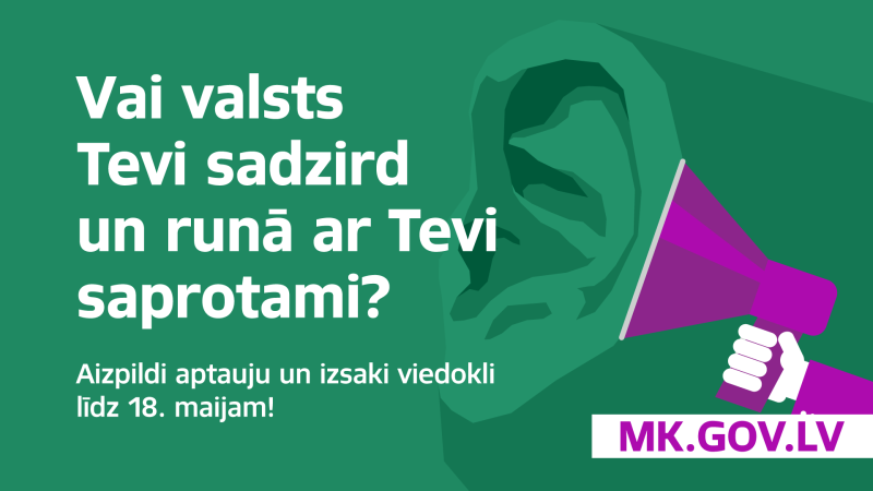 Ilustratīvs attēls - auss, pie kuras pielikts rupors un teksta uz zaļa fona ar baltiem burtiem - Vai valsts Tevi sadzirdz un runā ar Tevi saprotami? Aizpildi aptauju un izsaki viedokli līdz 18. maijam