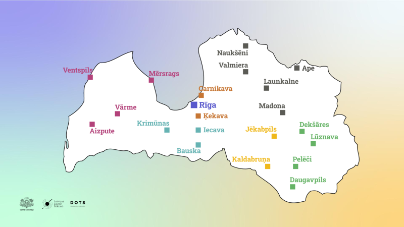 Latvijas karte ar atzīmētām dialoga apļu norises vietām