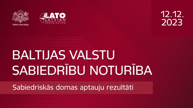 Uz sarkana fona Valsts kancelejas un Latvijas Transatlantiskās organizācijas logo un teksts "Baltijas valstu sabiedrību noturība. Sabiedriskās domas aptauju rezultāti."