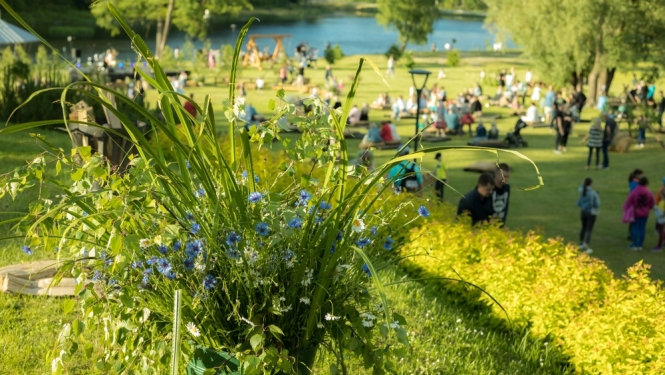 Skaista Latvijas dabas ainava, ziedu pļava, cilvēki, ezers. 