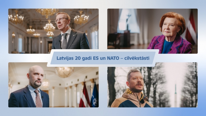 Latvijas 20 gadi ES un NATO. Cilvēkstāsti. Foto: Valsts prezidents Edgars Rinkēvičs, bijusī Valsts prezidente Vaira Vīķe-Freiberga, NATO Stratēģiskās komunikācijas izcilības centra direktors Jānis Sārts un mūziķis Ralfs Eilands.  