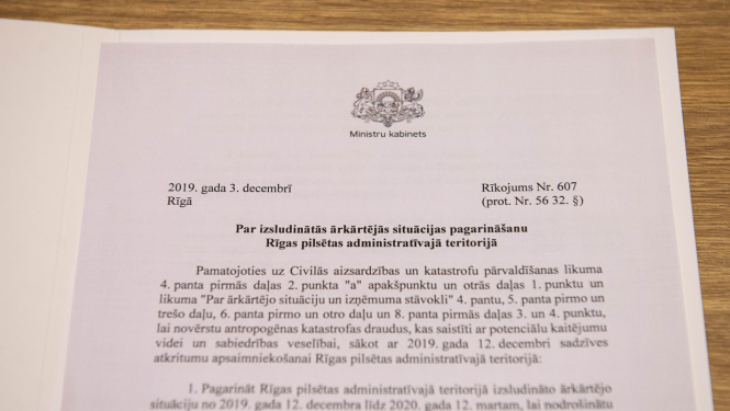 Ministru kabineta rīkojums par izsludinātās ārkārtējās situācijas pagarināšanu Rīgas pilsētas administratīvajā teritorijā