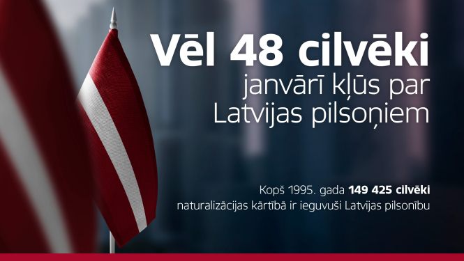 Latvijas karogs un teksts "Vēl 48 cilvēki janvārī kļūs par Latvijas pilsoņiem"