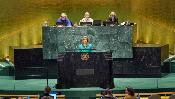 Ministru Prezidente Evika Siliņa uzrunā ANO Ģenerālo asambleju