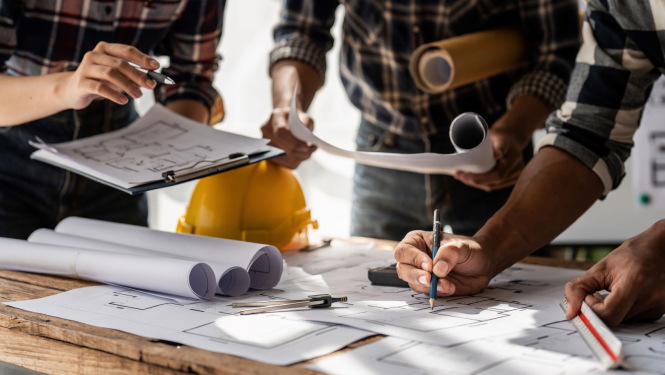 Grupa ar būniekiem spriež par rasējumiem, kas atrodas uz galda