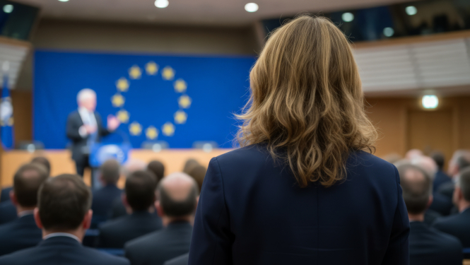 Sieviete stāvit iepretim ES karogam