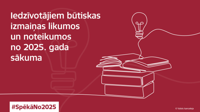 Teksts Iedzīvotājiem būtiskas izmaiņas likumos un noteikumos no 2025. gada sākuma ar baltiem burtiem uz sarkana fona. Attēla apakšējā daļā uzraksta Spēkā no 2025.