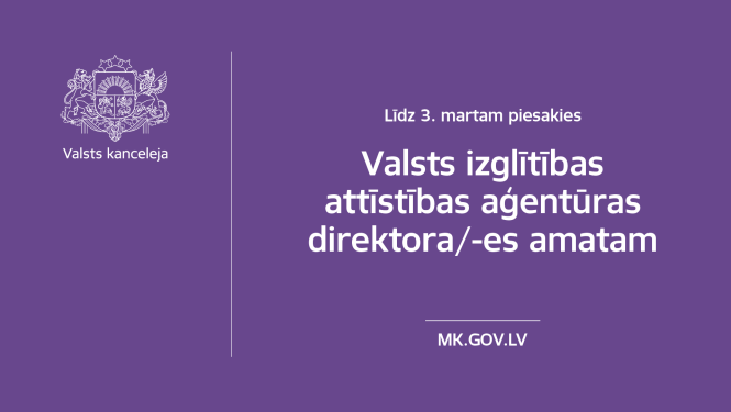 Sludinājuma teksts uz violeta fona ar baltiem burtiem