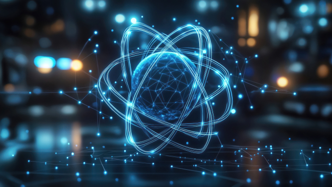 Ilustratīvs attēls - atomenerģija. Gaiši zila lode, kam apkārt pa elipsēm riņķo daļiņas