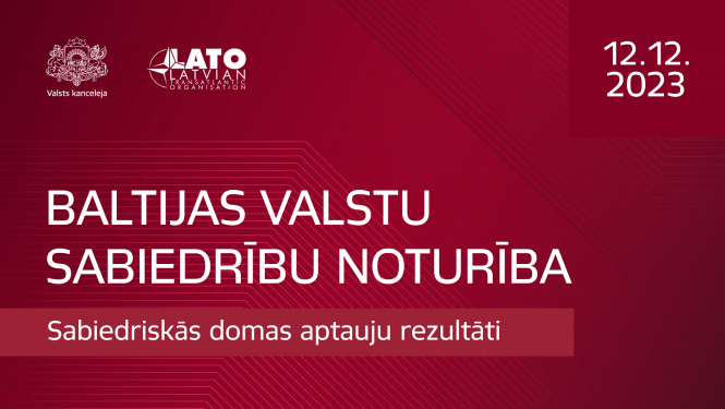 Uz sarkana fona Valsts kancelejas un Latvijas Transatlantiskās organizācijas logo un teksts "Baltijas valstu sabiedrību noturība. Sabiedriskās domas aptauju rezultāti."