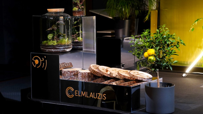 Foto no konferences. Redzamas koka balvas un uzraksts "Celmlauzis"