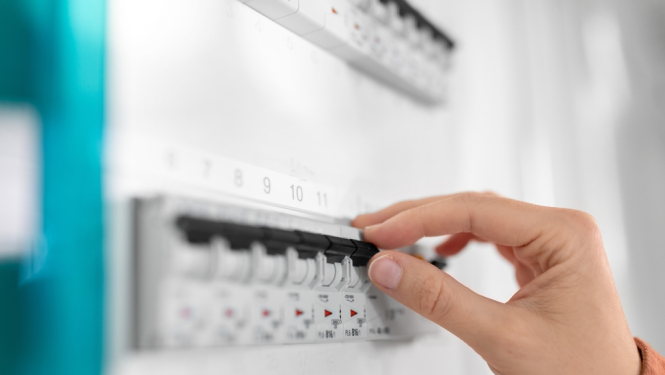 Cilvēka roka tuvplānā slēdz elektrības slēdzi