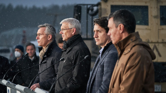  Krišjānis Kariņš, Džastins Trudo,  Jenss Stoltenbergs un Pedro Sančess