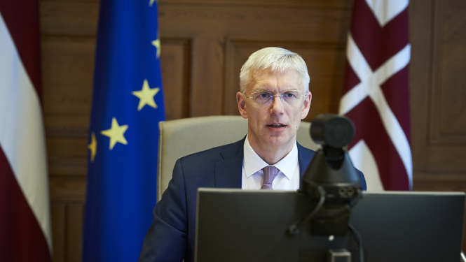 ilustratīvs attēls: Krišjānis Kariņš attālinātās sanāksmes laikā; avots: Valsts kanceleja