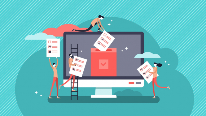 Cilvēki aizpilda aptauju