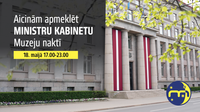 Aicinām apmeklēt Ministru kabinetu Muzeju naktī. Ministru kabineta ēkas fotogrāfija.