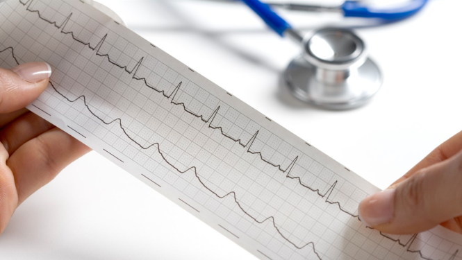 Rokās tur EKG rezultātus. Fonā stetoskops. 