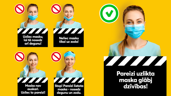 Meitene uz dzeltena fona ar sejas masku