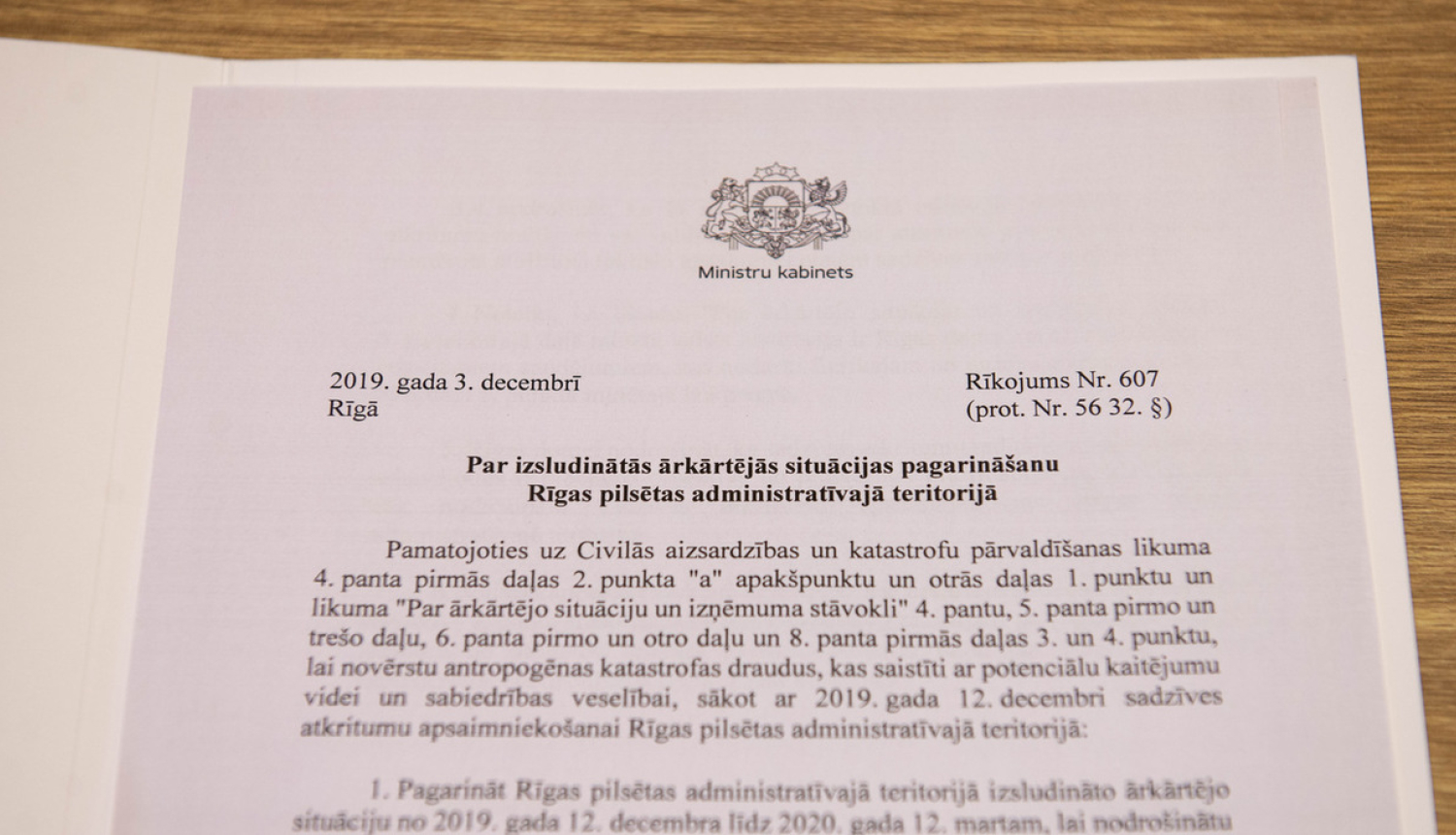 Ministru kabineta rīkojums par izsludinātās ārkārtējās situācijas pagarināšanu Rīgas pilsētas administratīvajā teritorijā