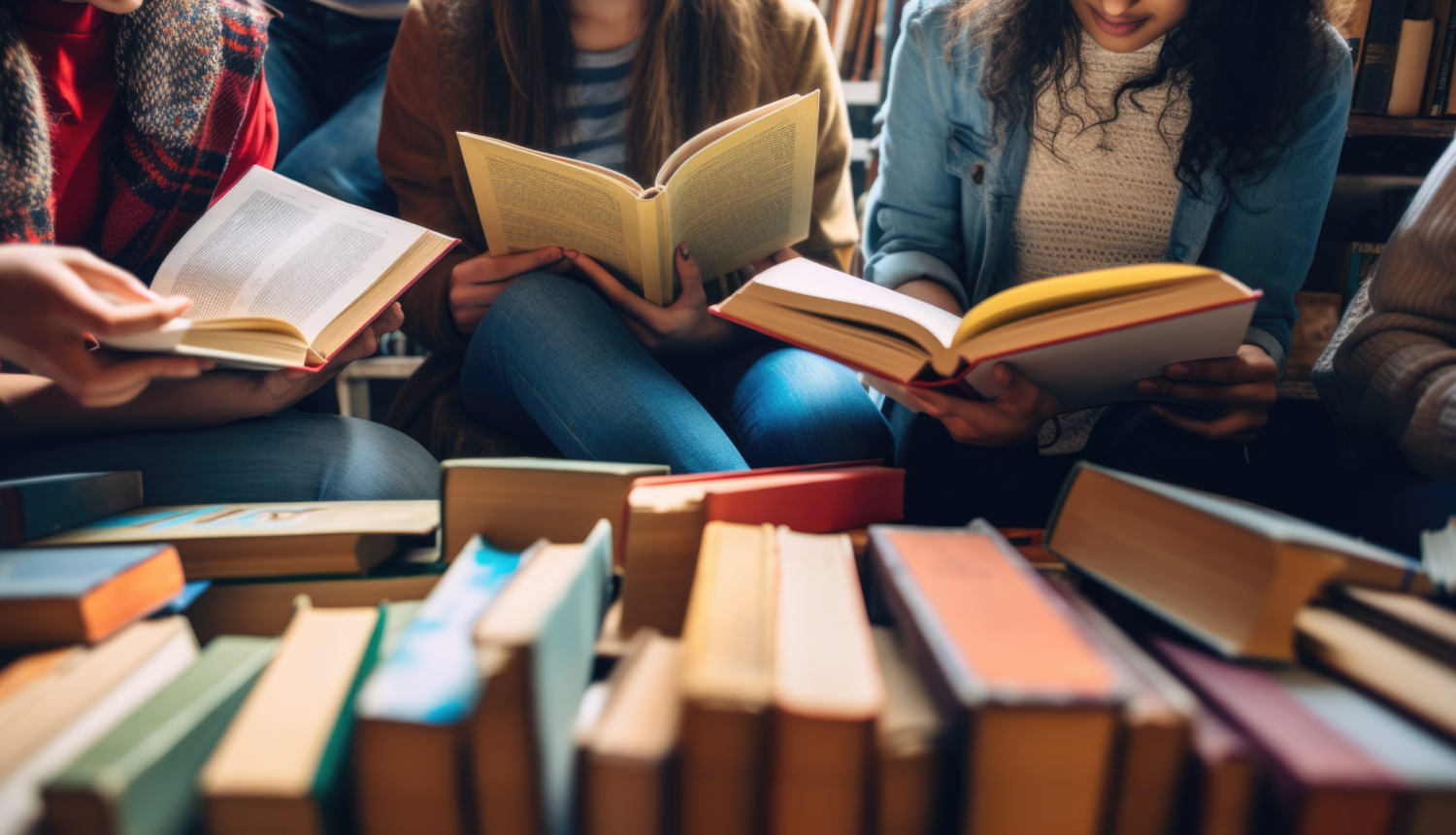 Ilustratīvs attēls ar trīs jaunām sievietēm, kas lasa grāmatas