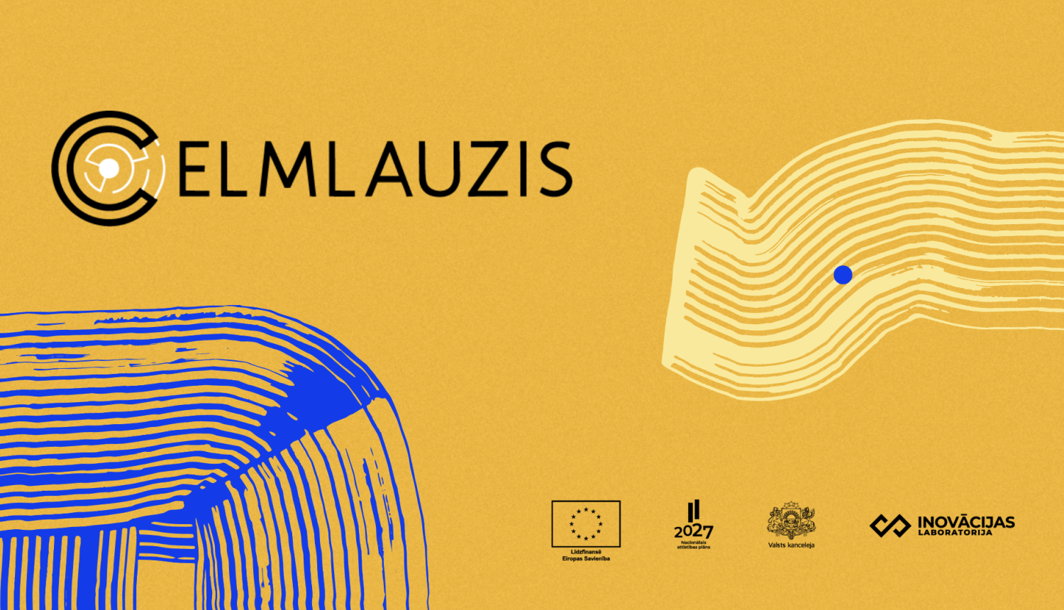 Konferences "Celmlauzis" vizuālais noformējums - zili un gaiši dzelteni otas triepieni uz oranža fona