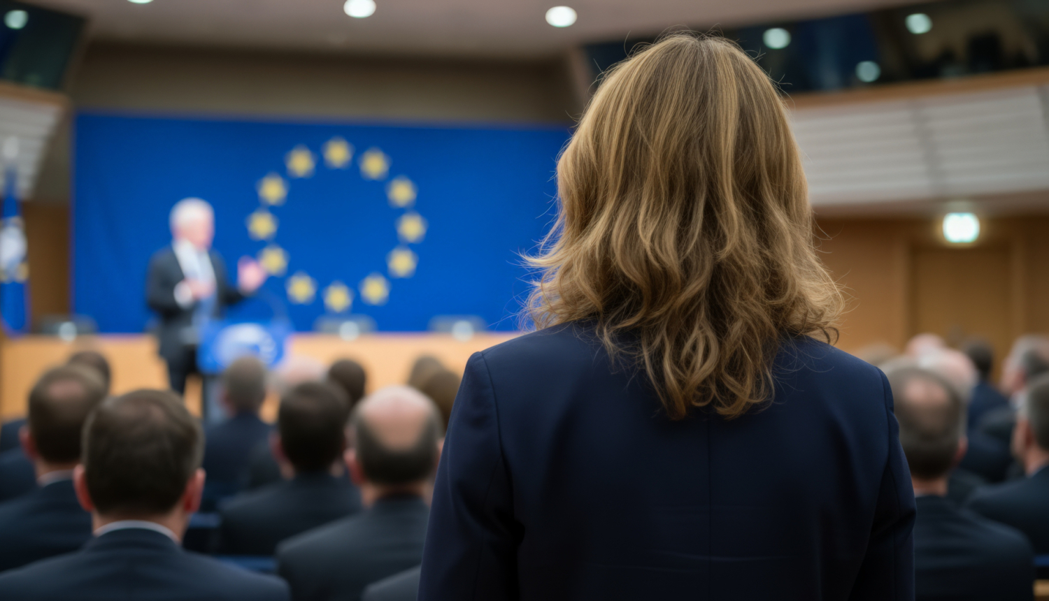 Sieviete stāvit iepretim ES karogam