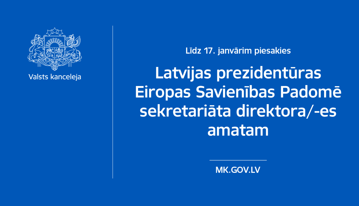 Sludinājuma teksts uz zila fona ar baltiem burtiem