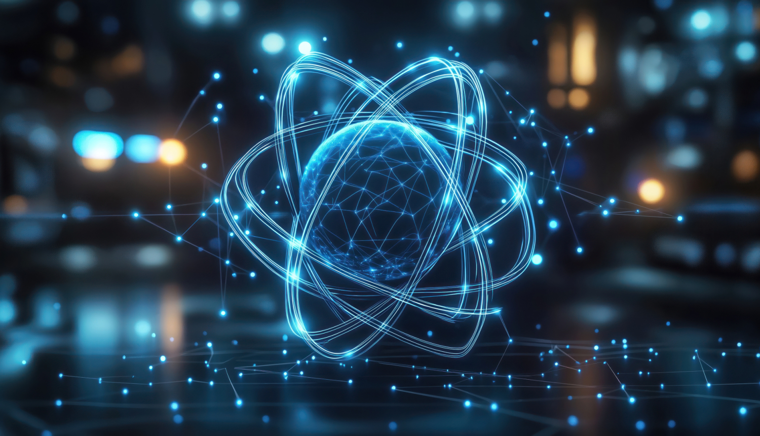 Ilustratīvs attēls - atomenerģija. Gaiši zila lode, kam apkārt pa elipsēm riņķo daļiņas