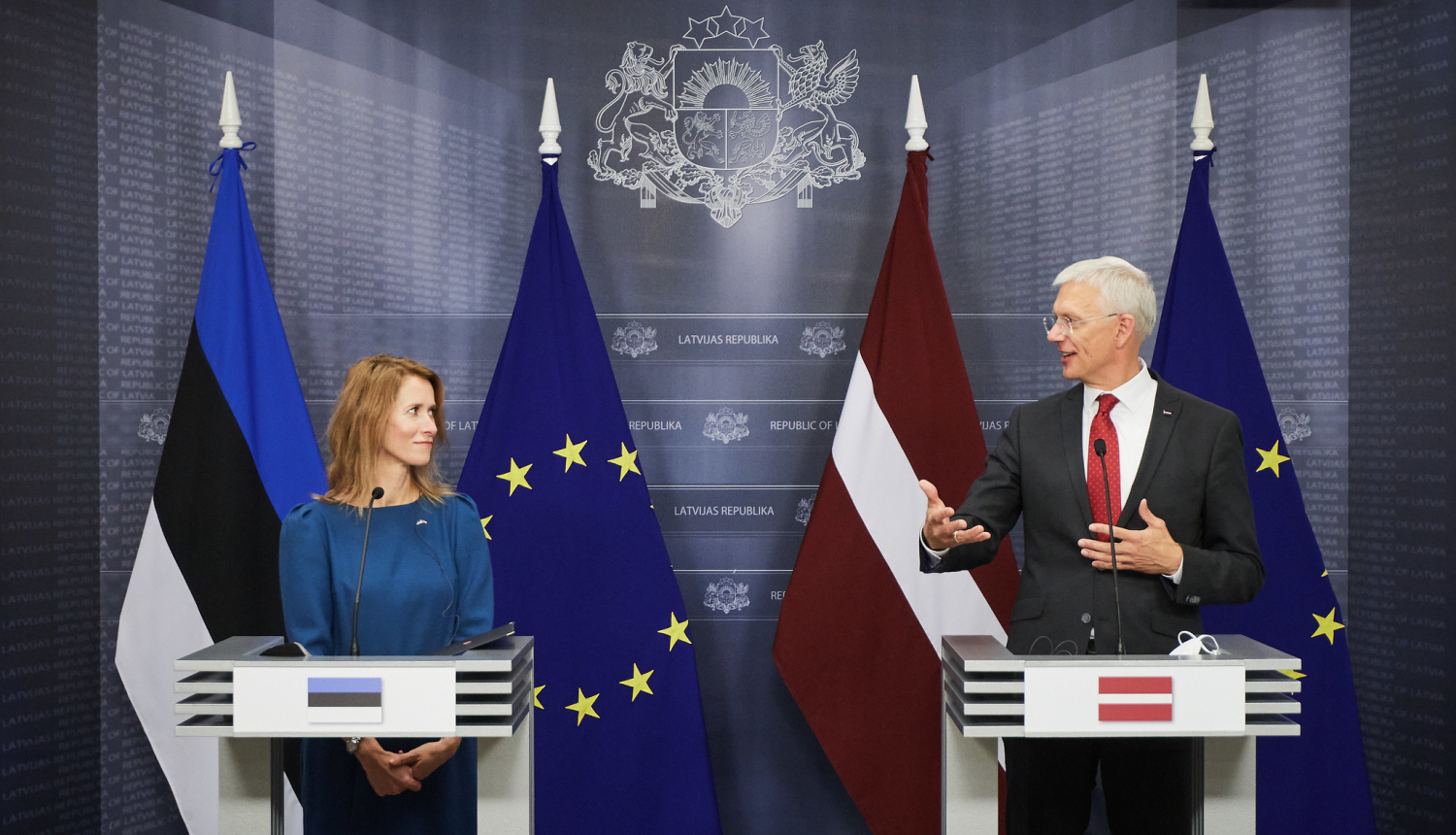 Foto: Ministru prezidents Krišjānis Kariņš un Igaunijas ministru prezidente Kaja Kallasa