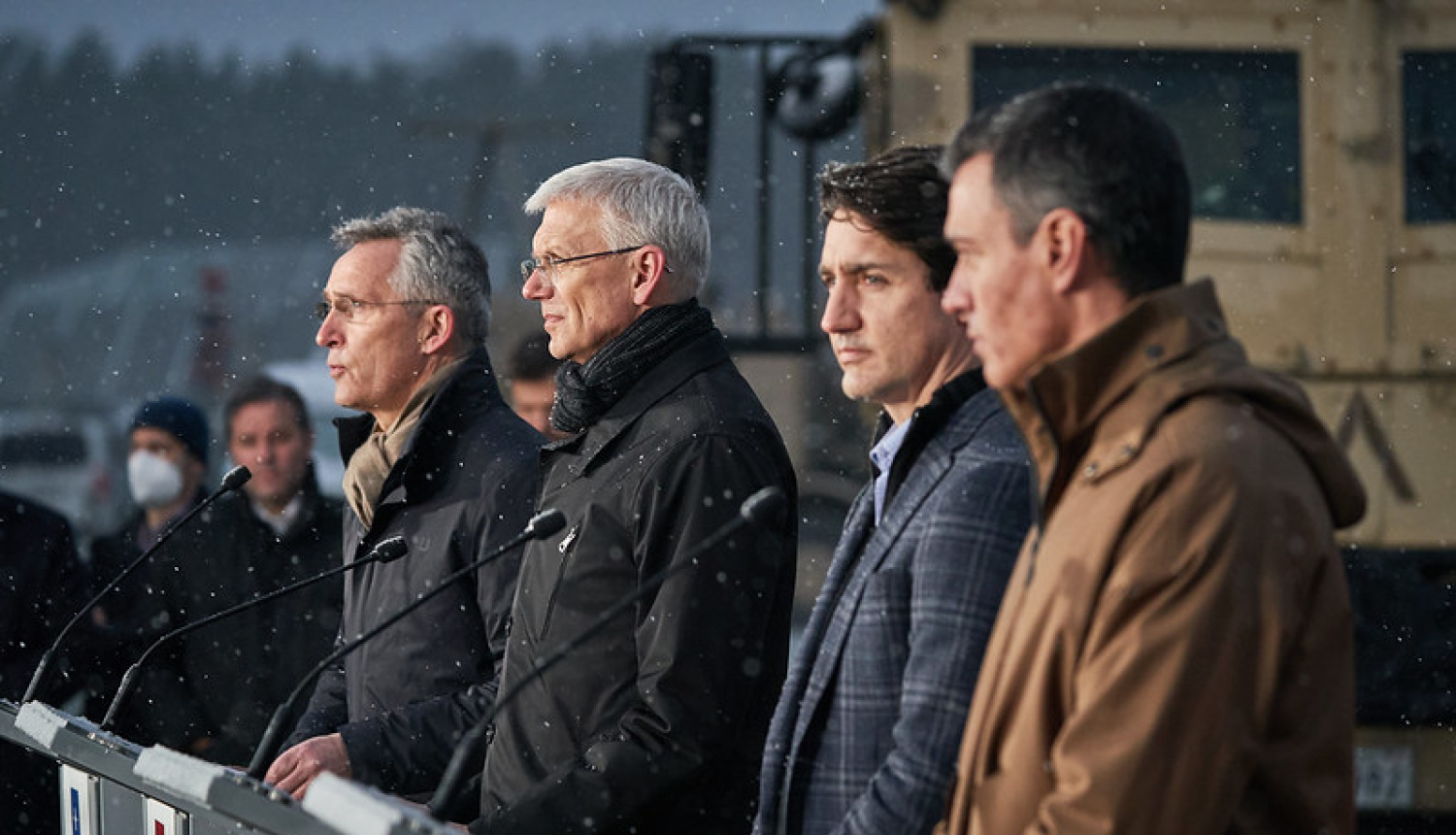  Krišjānis Kariņš, Džastins Trudo,  Jenss Stoltenbergs un Pedro Sančess