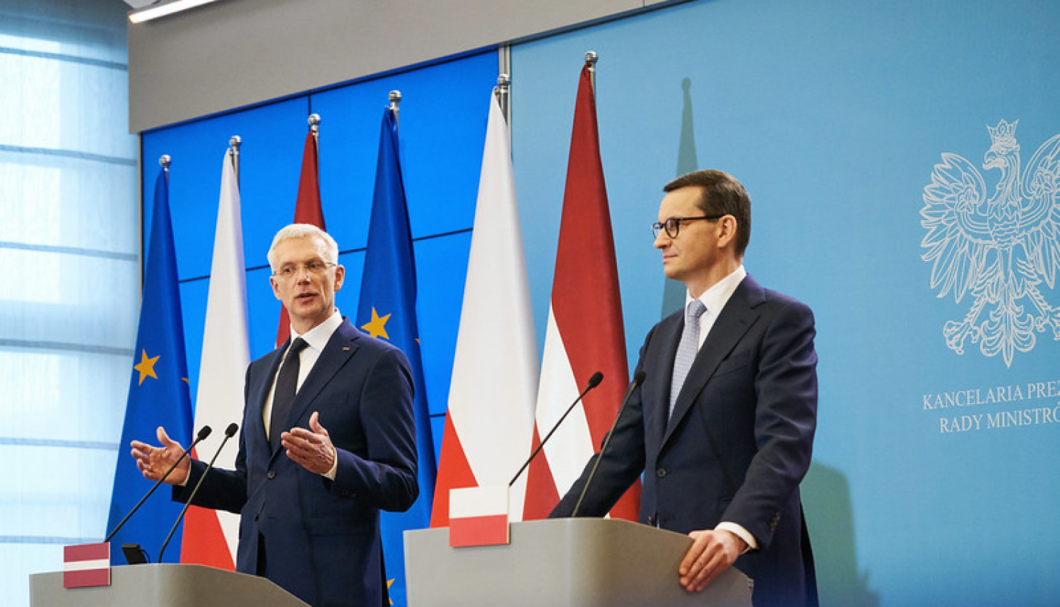 Ministru prezidents Krišjānis Kariņš un Polijas premjerministrs Mateušs Moraveckis