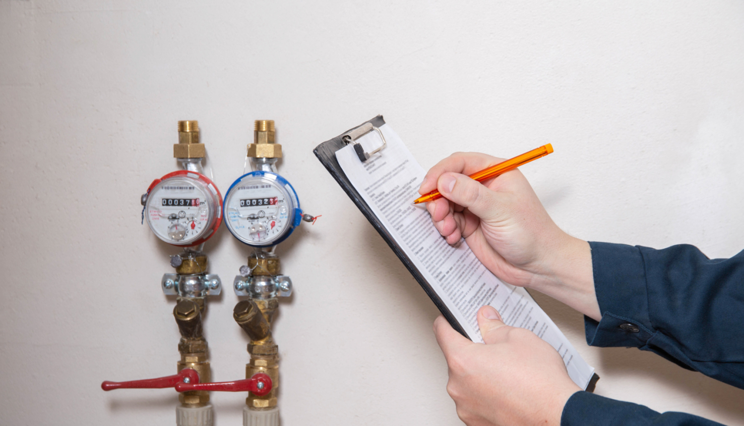 Cilvēks pieraksta ūdensskaitītāju rādījumus