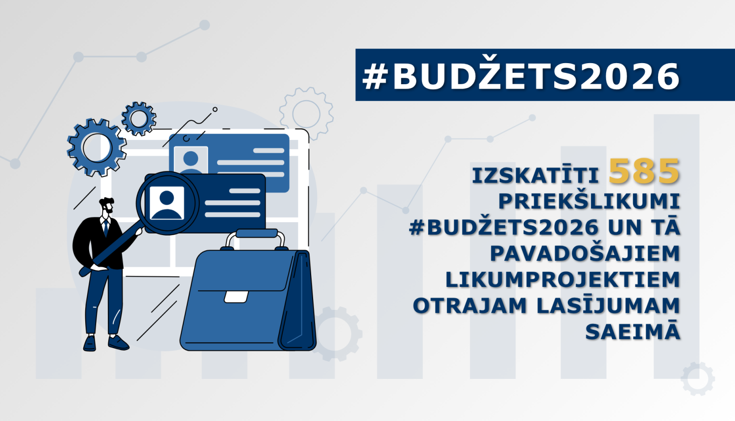 #Budžets2026 - ilustrācija ar budžeta portfeli, dokumentiem, zobratiem un cilvēku. 