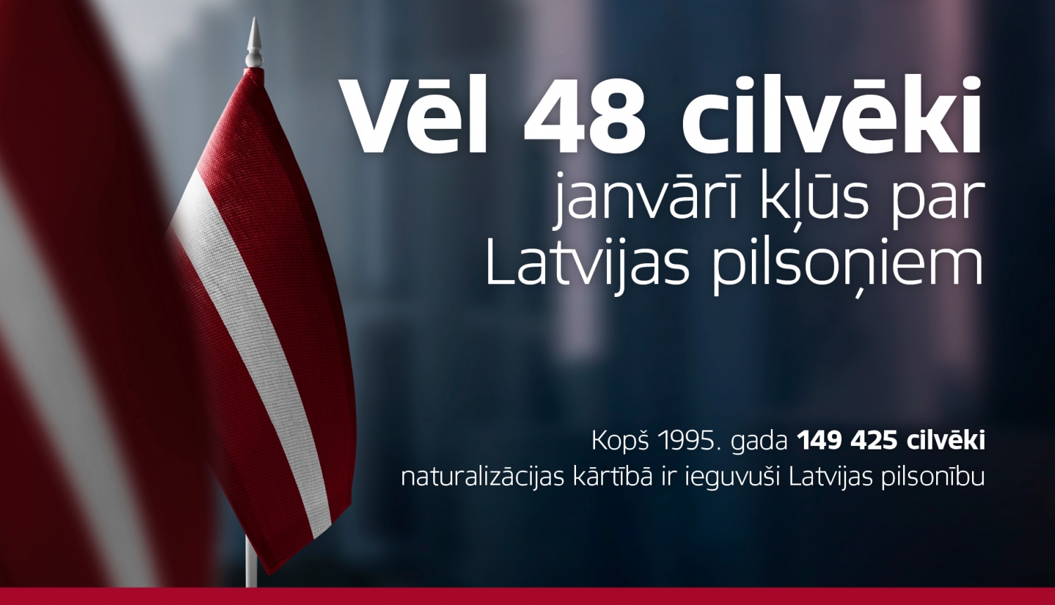 Latvijas karogs un teksts "Vēl 48 cilvēki janvārī kļūs par Latvijas pilsoņiem"