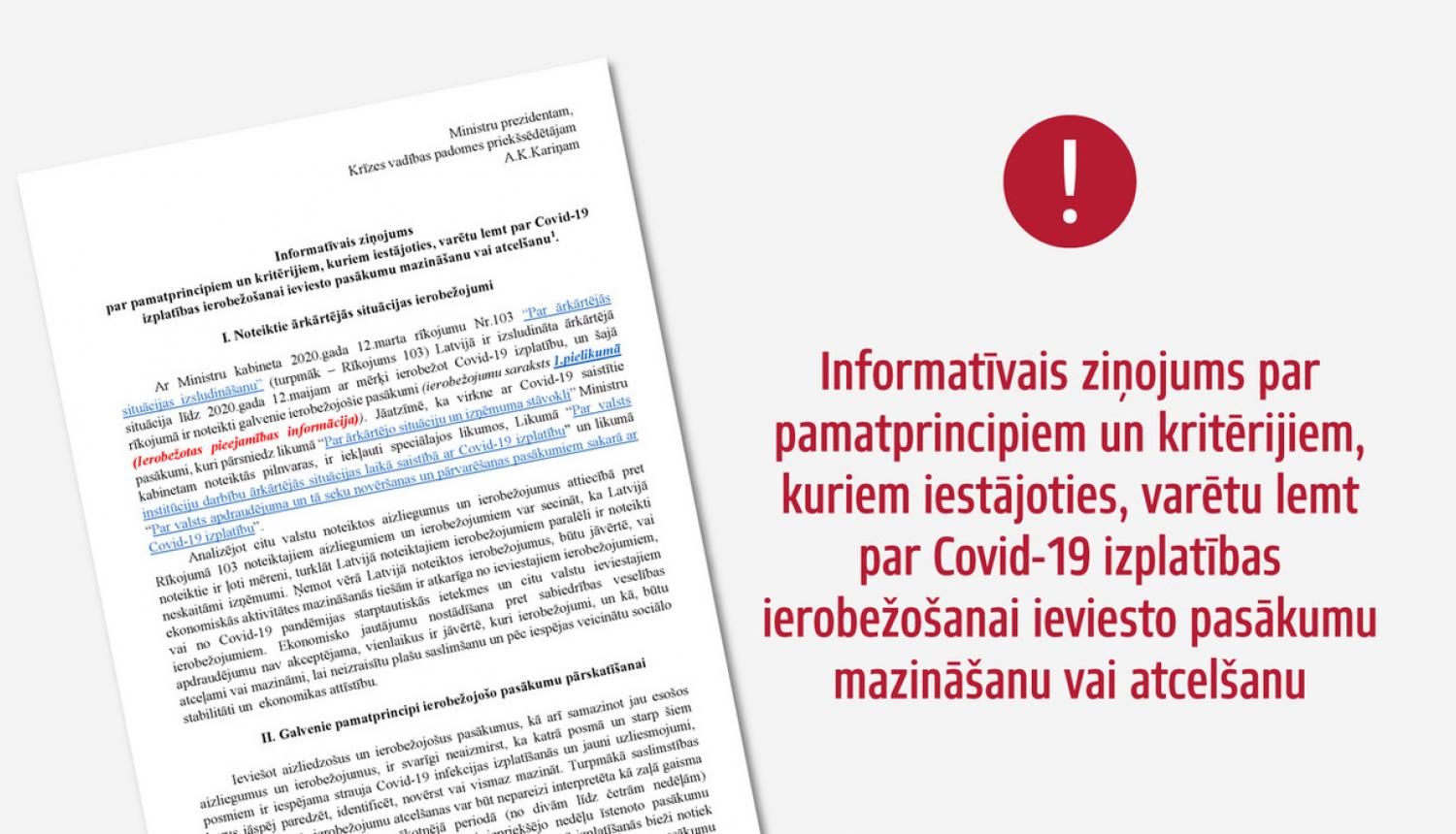 Kritēriji ierobežojumu pakāpeniskai atcelšanai - informatīvs ziņojums