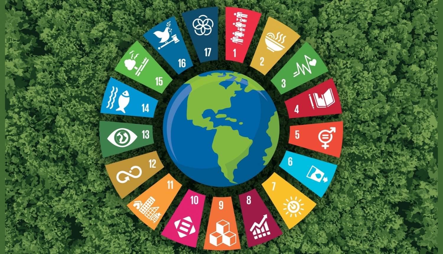 ANO Ilgtspējīgas attīstības mērķu ikonas uz zaļa meža fona