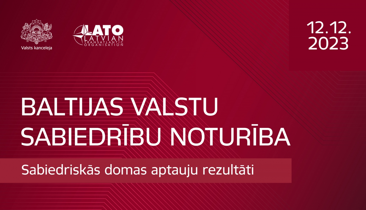 Uz sarkana fona Valsts kancelejas un Latvijas Transatlantiskās organizācijas logo un teksts "Baltijas valstu sabiedrību noturība. Sabiedriskās domas aptauju rezultāti."