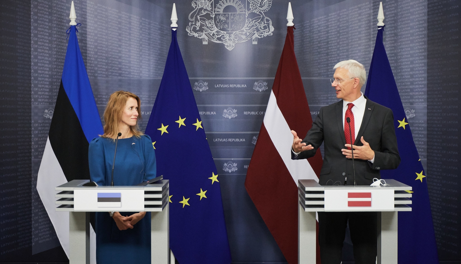 Foto: Ministru prezidents Krišjānis Kariņš un Igaunijas ministru prezidente Kaja Kallasa